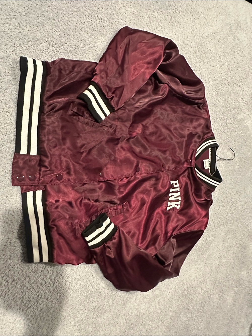 Victoria's Secret PINK Satin Bomber Jacket in Burgundy and Black-Trim